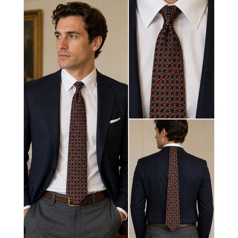 Vintage Paolo Gucci Polo Silk Tie Italy Red Navy Gold Geometric Mens Necktie
